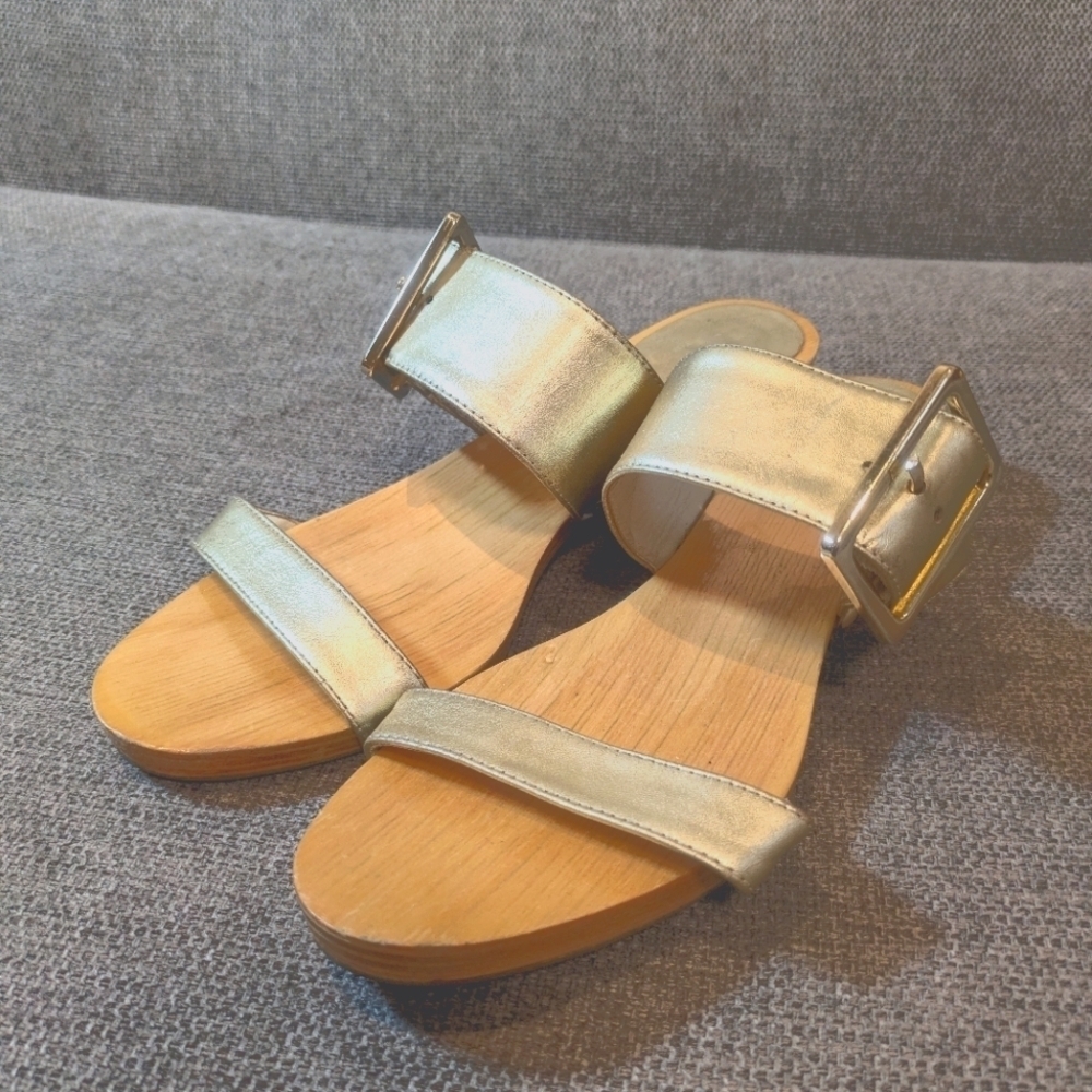 Kate Spade Gold Leather Double Strap Sandals Wood Sole Buckle Slides US 7.5